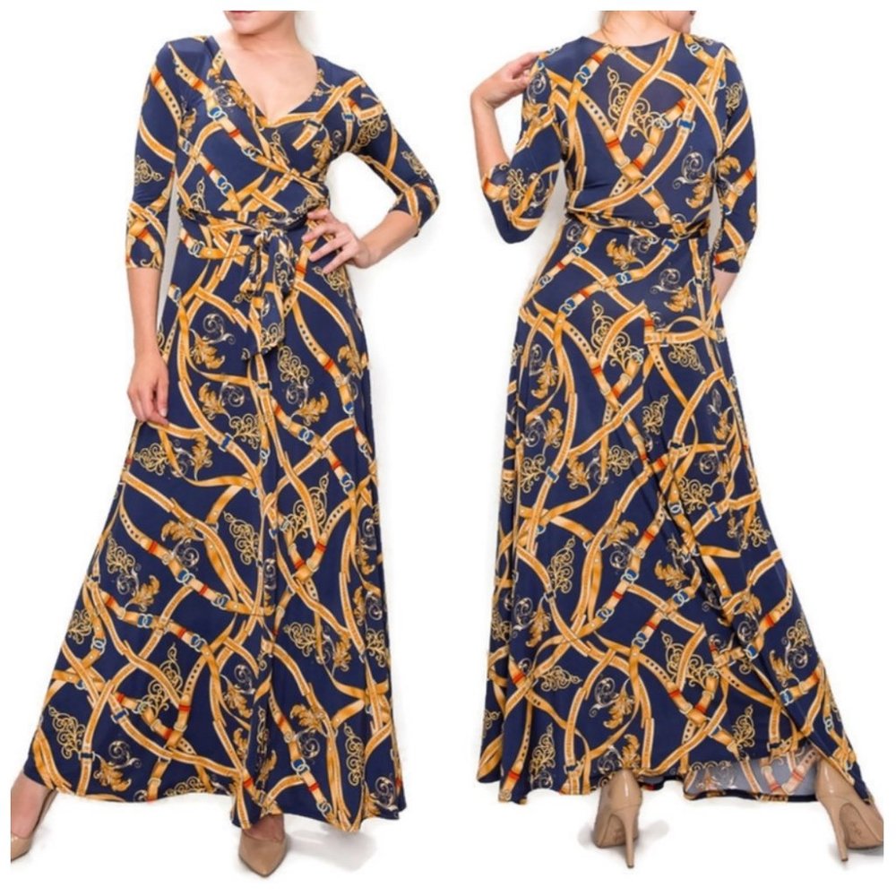 Janette Fashion Navy New York Buckle Tassel Faux Wrap Maxi Dress